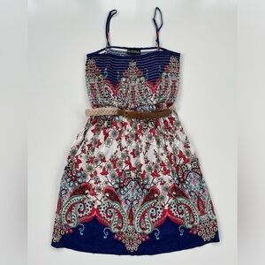 As U Wish Blue White Smocked Belted Paisley Summer Dress Size Small NWT